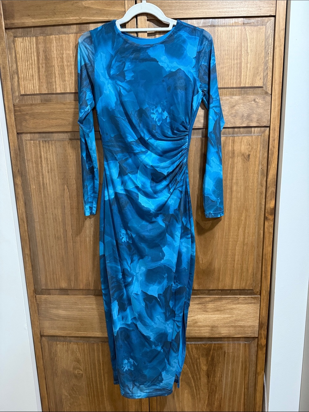 PrettyGarden Blue Floral Ruched Long Sleeve Maxi Dress XS